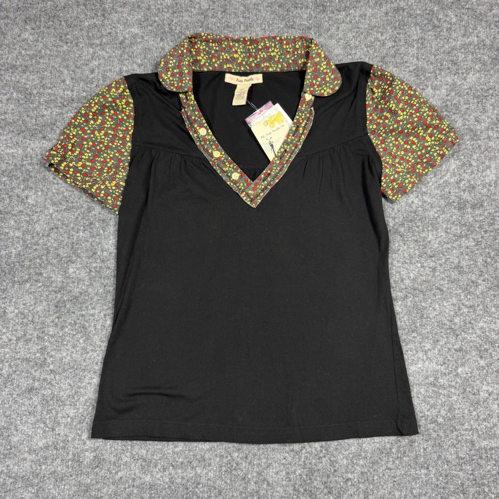 Free People Floral V-Neck Top Boho Mens S Black Cotton Cottagecore NWT